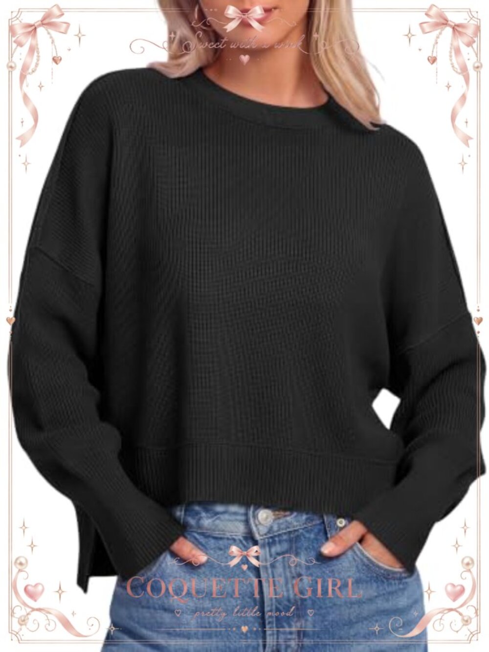 Cropped Ribbed Knit Pullover Sweater Batwing Sleeve Side Slit Crewneck